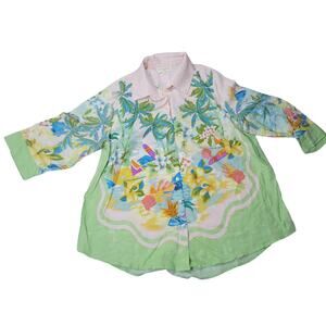 CYNTHIA ROWLEY Women's Linen Rayon 3/4 Sleeve Blouse Floral Beach Aloha Sze 1X